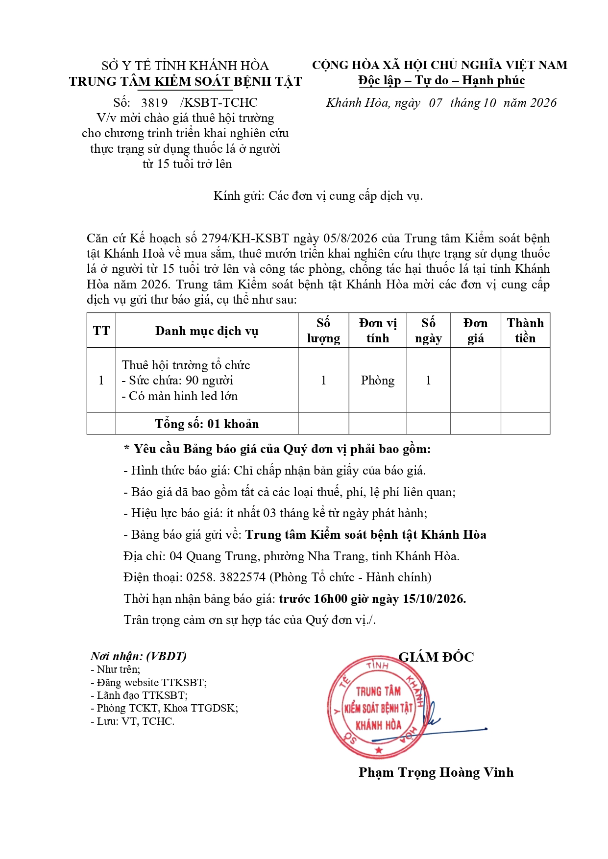 V/v mời chào giá thuê hội trường cho chương trình triển khai nghiên cứu thực trạng sử dụng thuốc lá ở người từ 15 tuổi trở lên